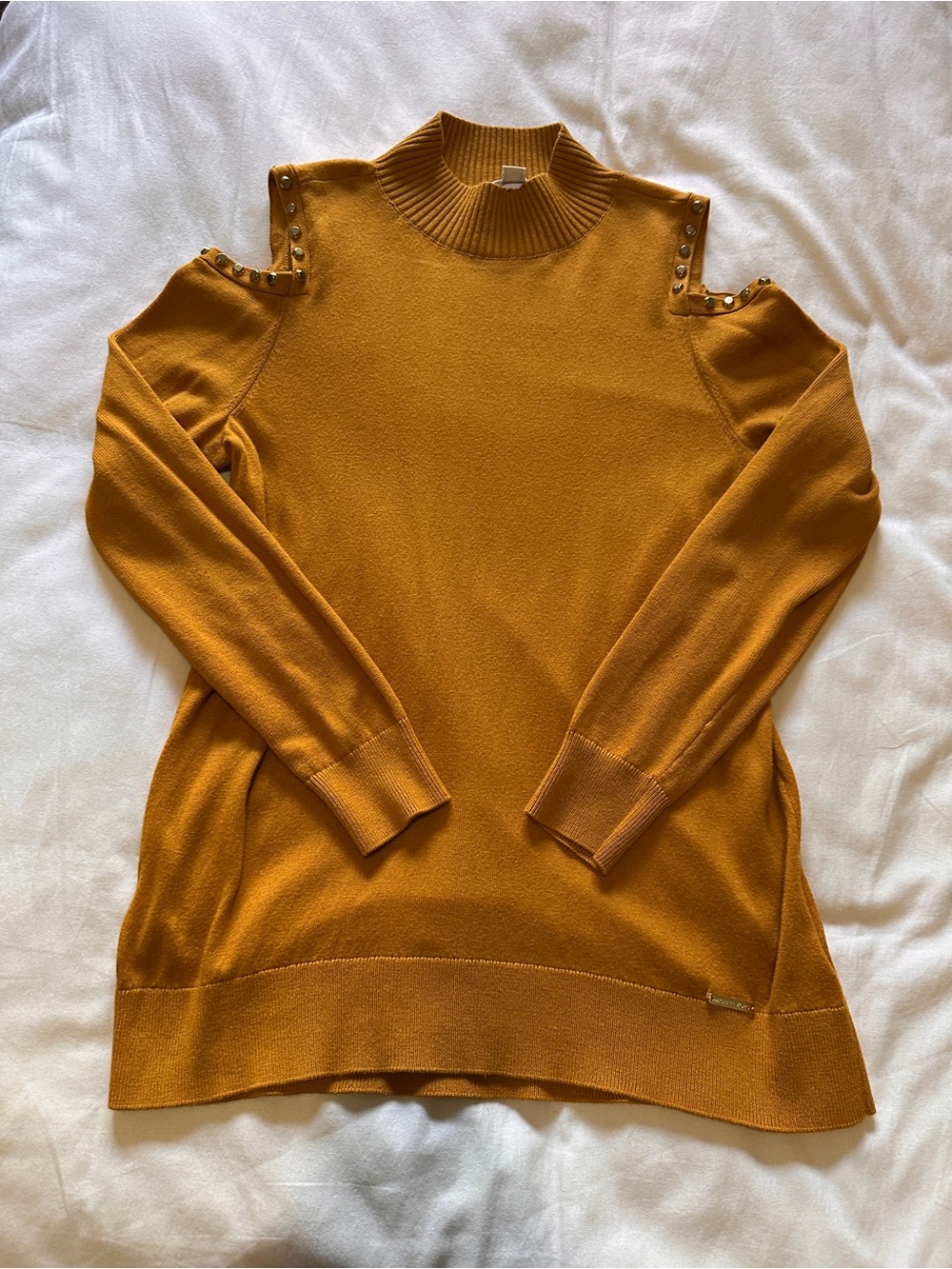 Michael Kors Mustard Cold-Shoulder Studded Sweater